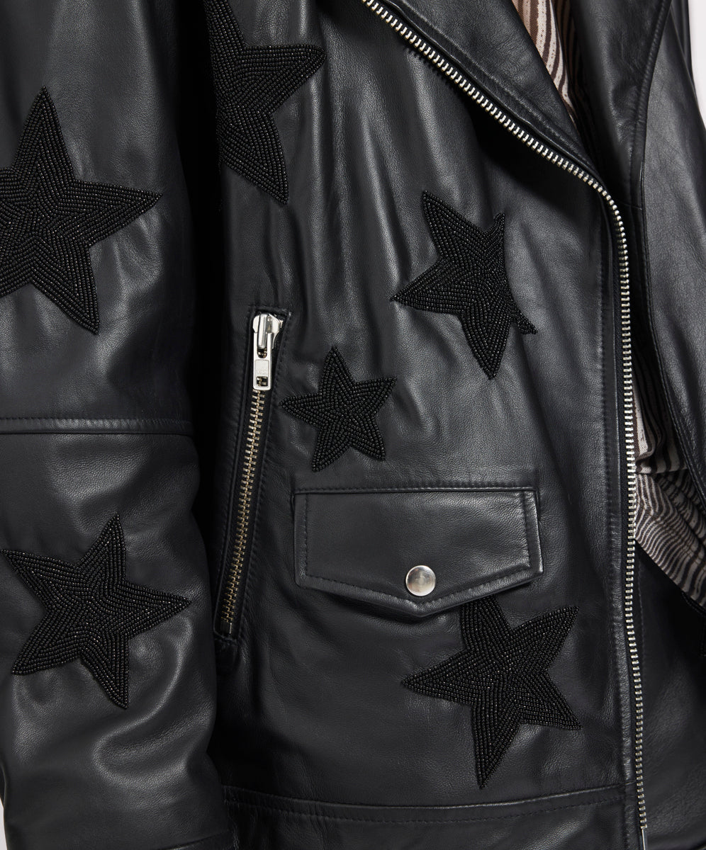 Biker Boyfriend Embellished Moto Leather Jacket - Black Star
