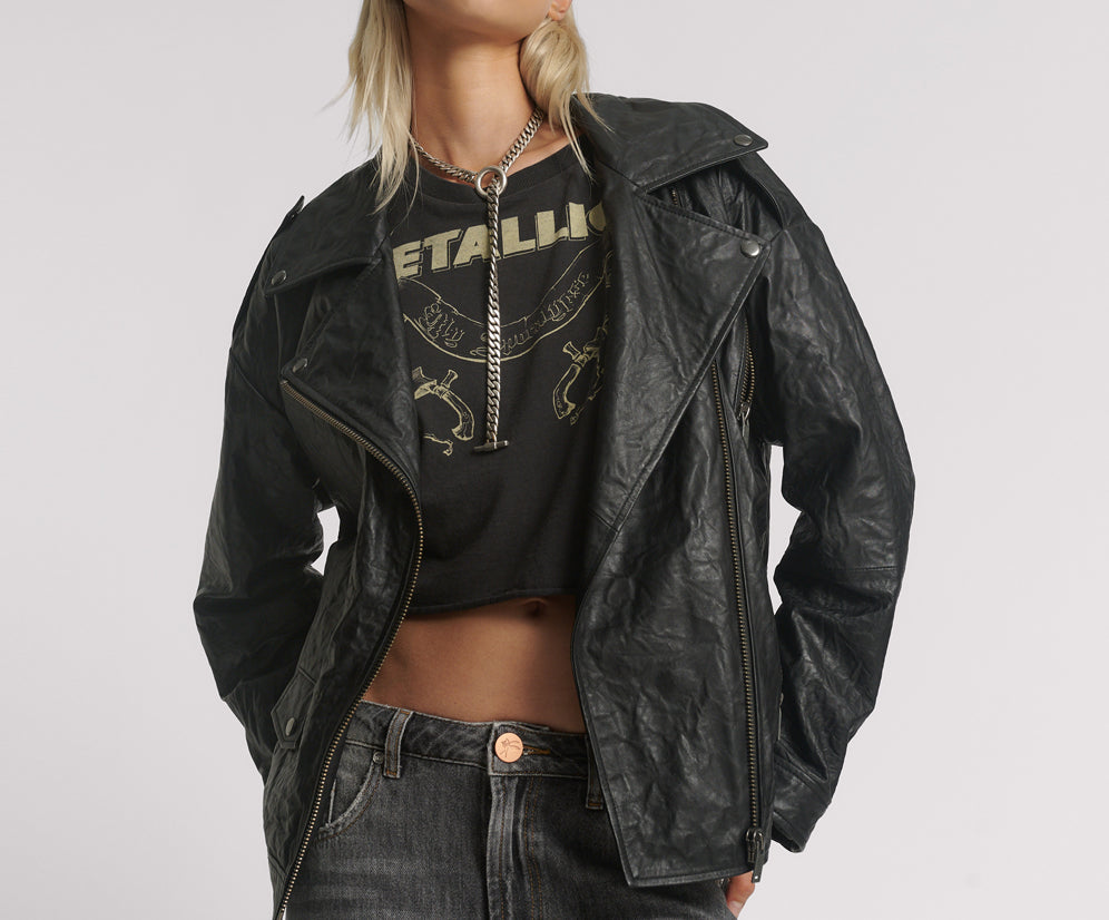 Boyfriend Leather Biker Jacket - Black