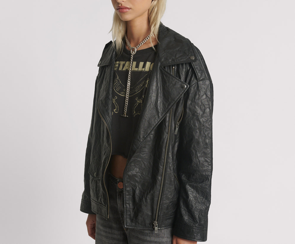 Boyfriend Leather Biker Jacket - Black