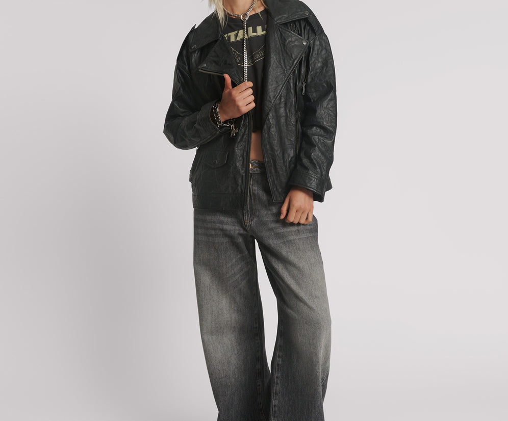 Boyfriend Leather Biker Jacket - Black