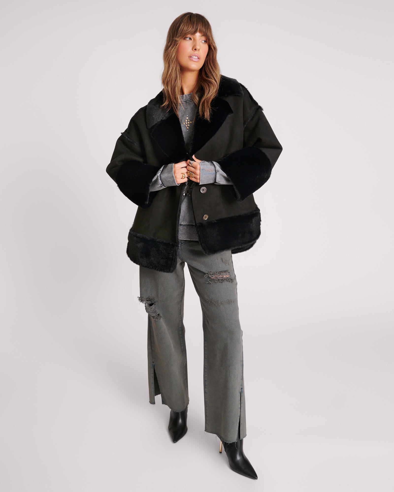Faux Shearling Aviator Coat Black