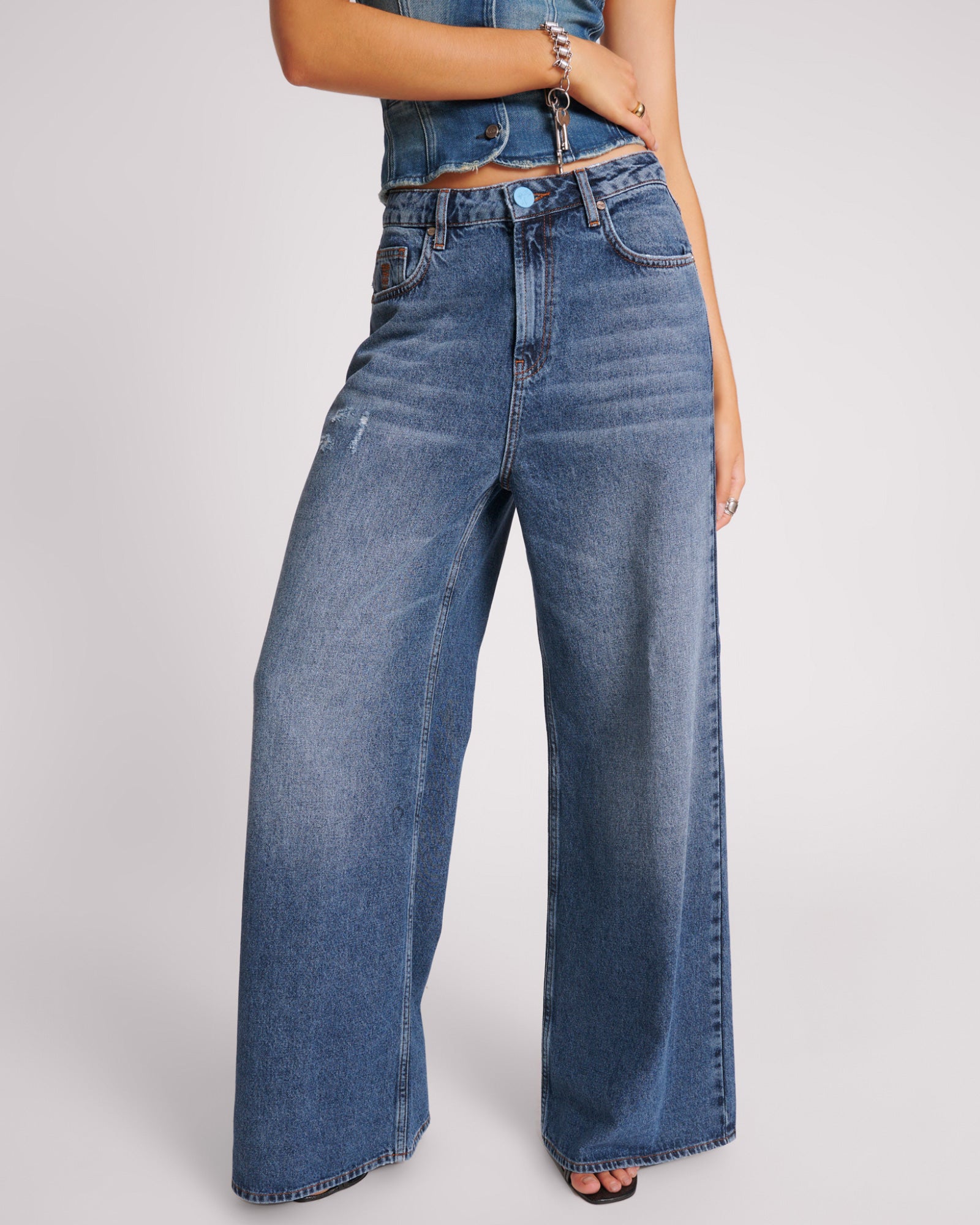 Love Machines Mid Waist Super Wide Leg Denim Jeans - Blue
