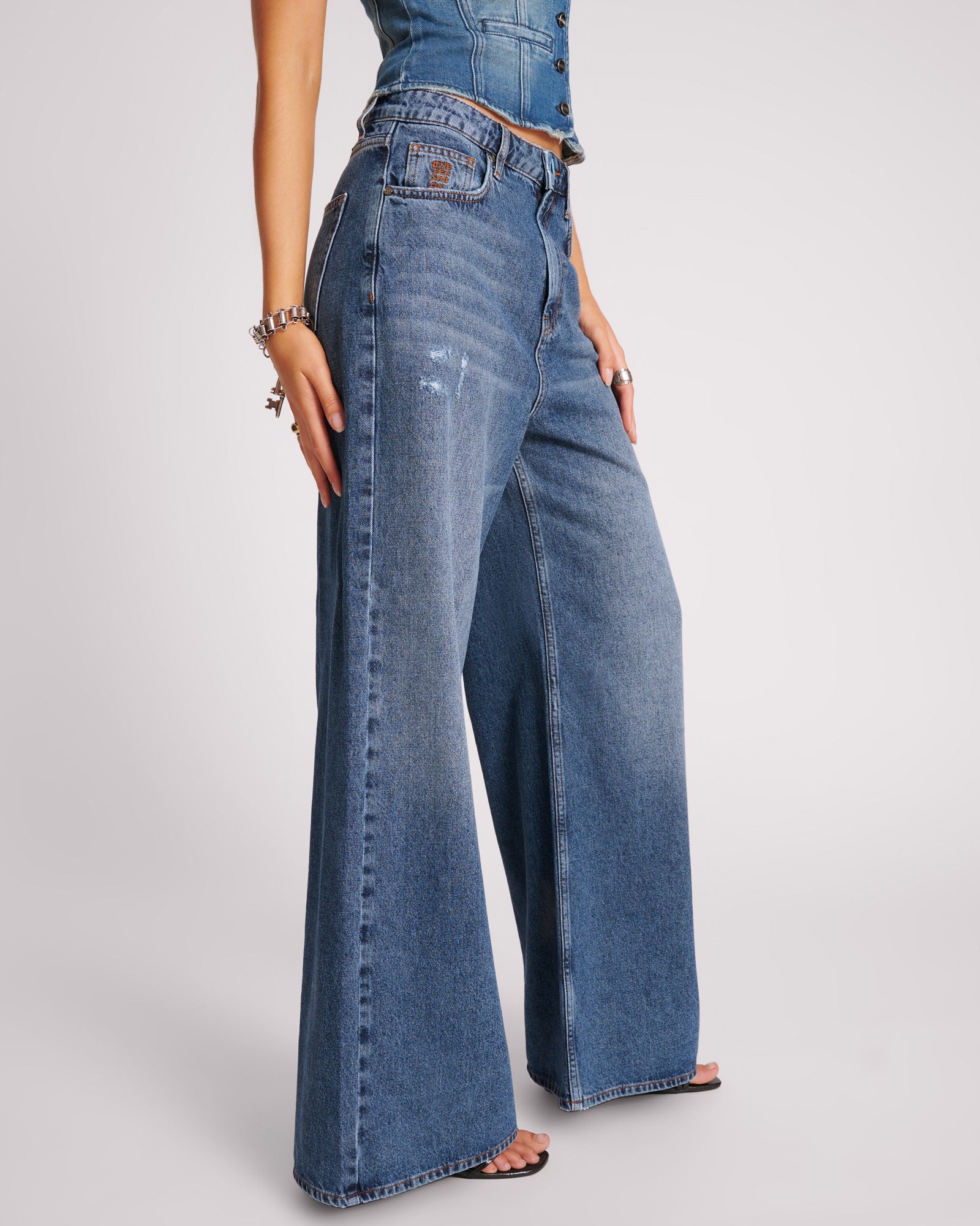 Love Machines Mid Waist Super Wide Leg Denim Jeans - Blue