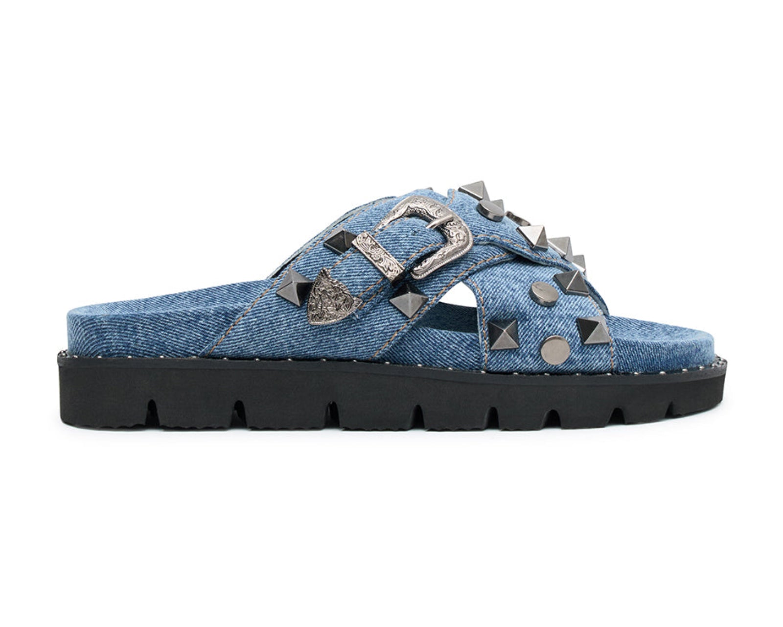 Studded Denim Iggy Slides - Blue