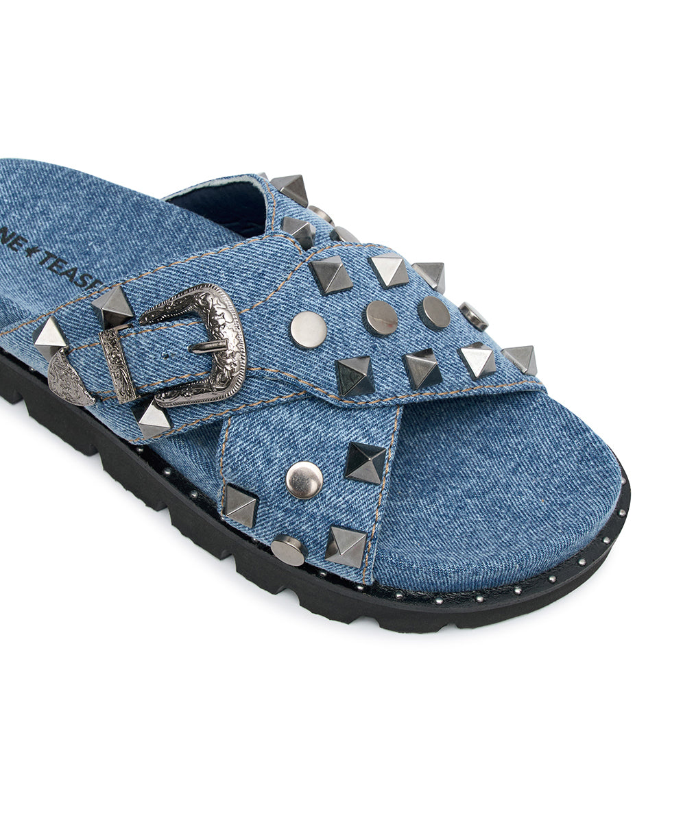 Studded Denim Iggy Slides - Blue | One Teaspoon USA