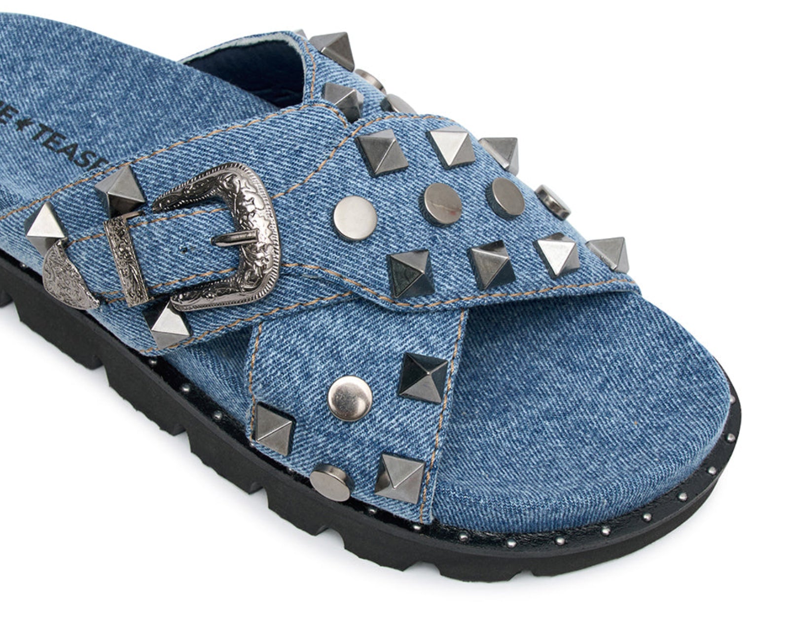Studded Denim Iggy Slides - Blue