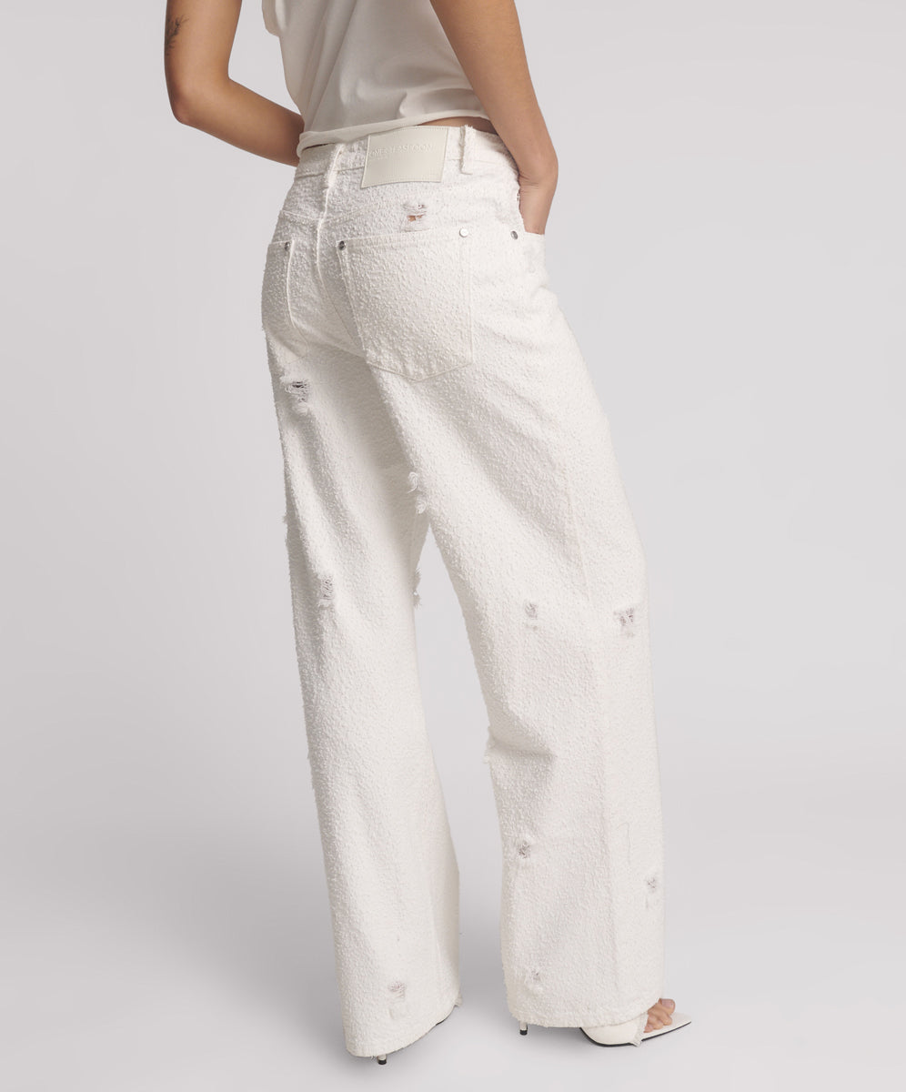 Jackson Mid Waist Wide Leg Denim Jeans - Textured White | One