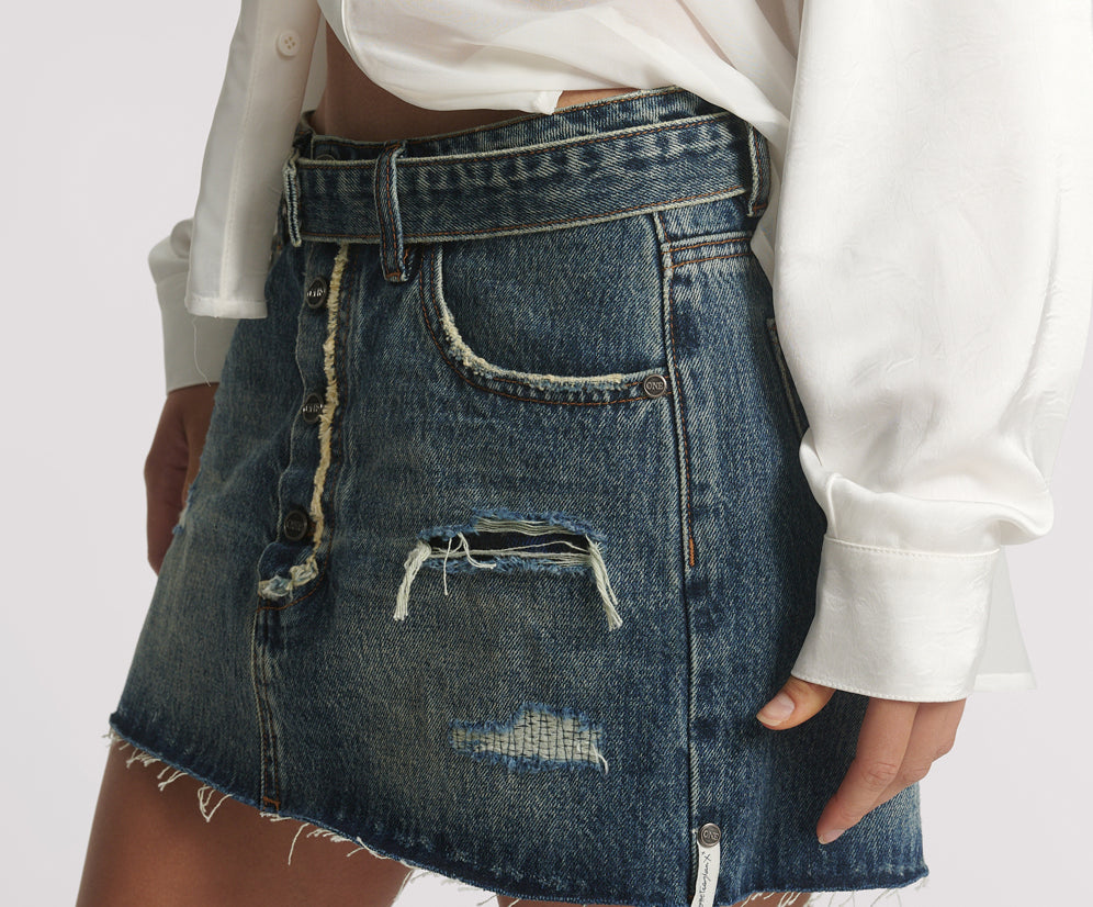 Belted Low Waist Denim Mini Skirt - Boys Club Blue