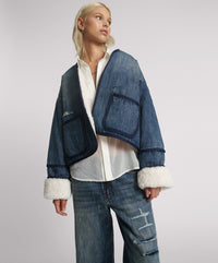 Studded Cropped Denim Jacket - Faded Blue
