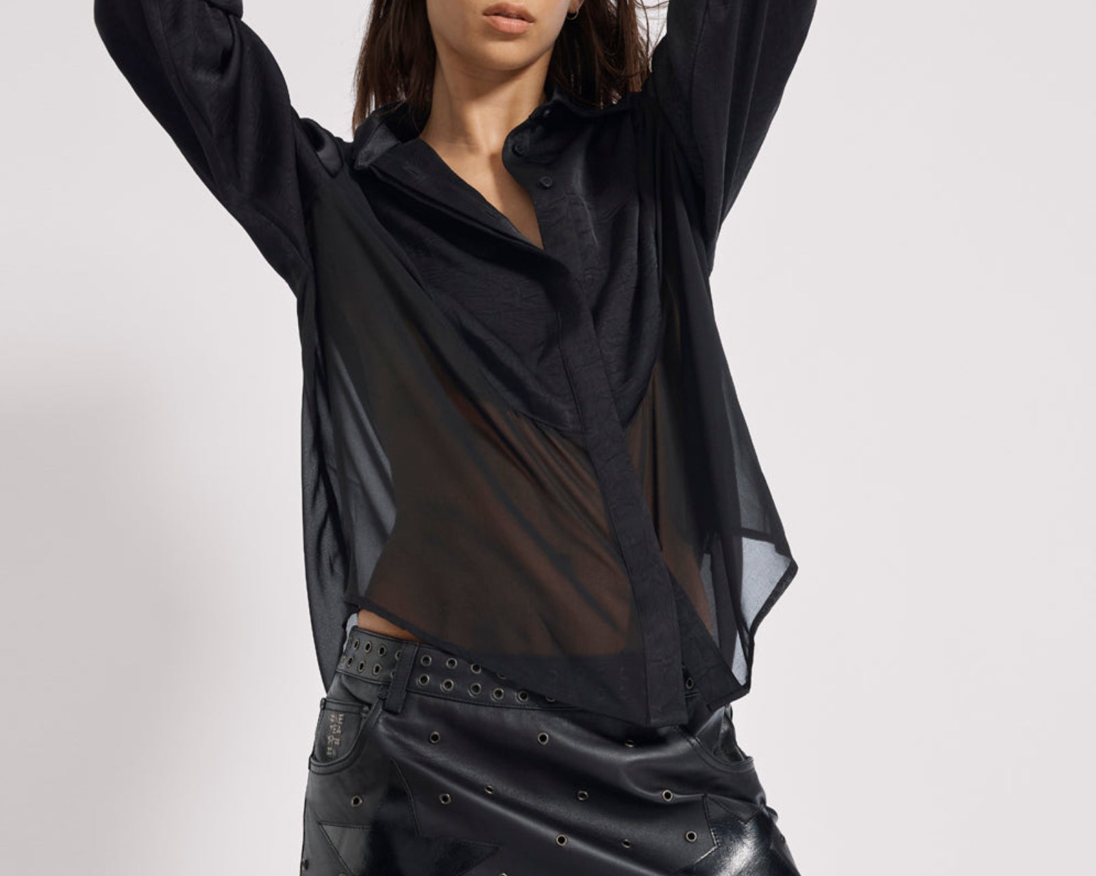 Sheer Panel Tuxedo Shirt - Black