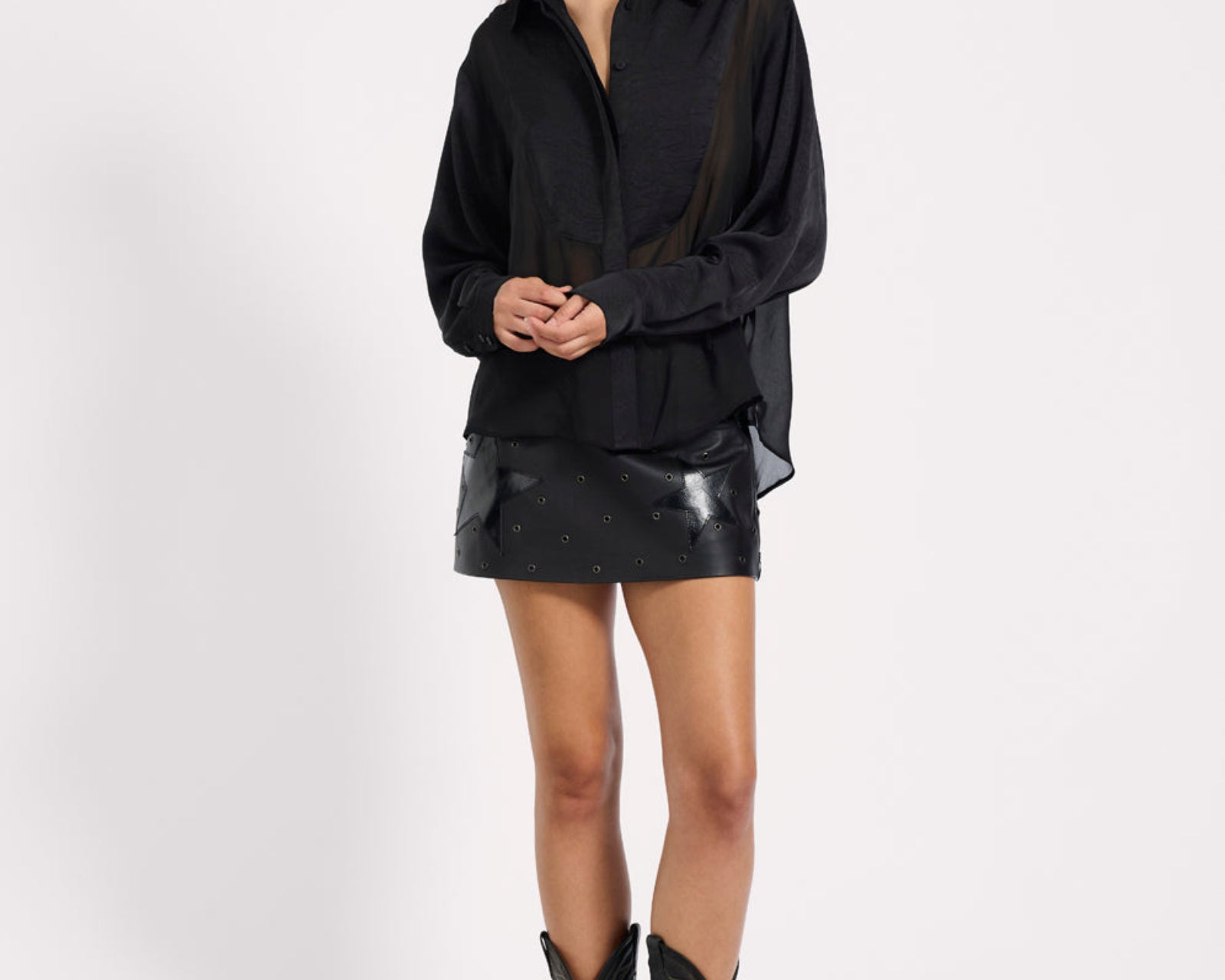 Sheer Panel Tuxedo Shirt - Black