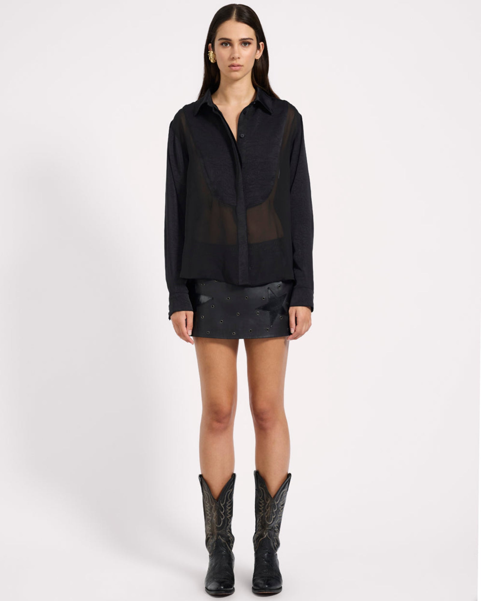 Sheer Panel Tuxedo Shirt - Black | One Teaspoon USA