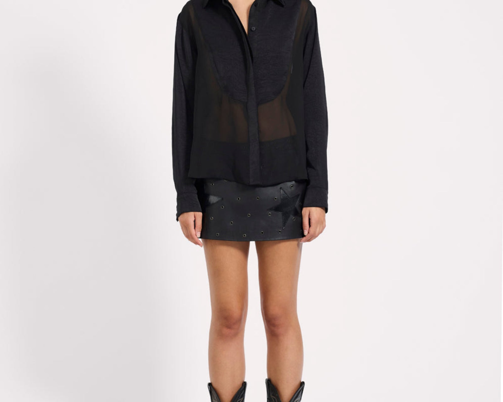 Sheer Panel Tuxedo Shirt - Black