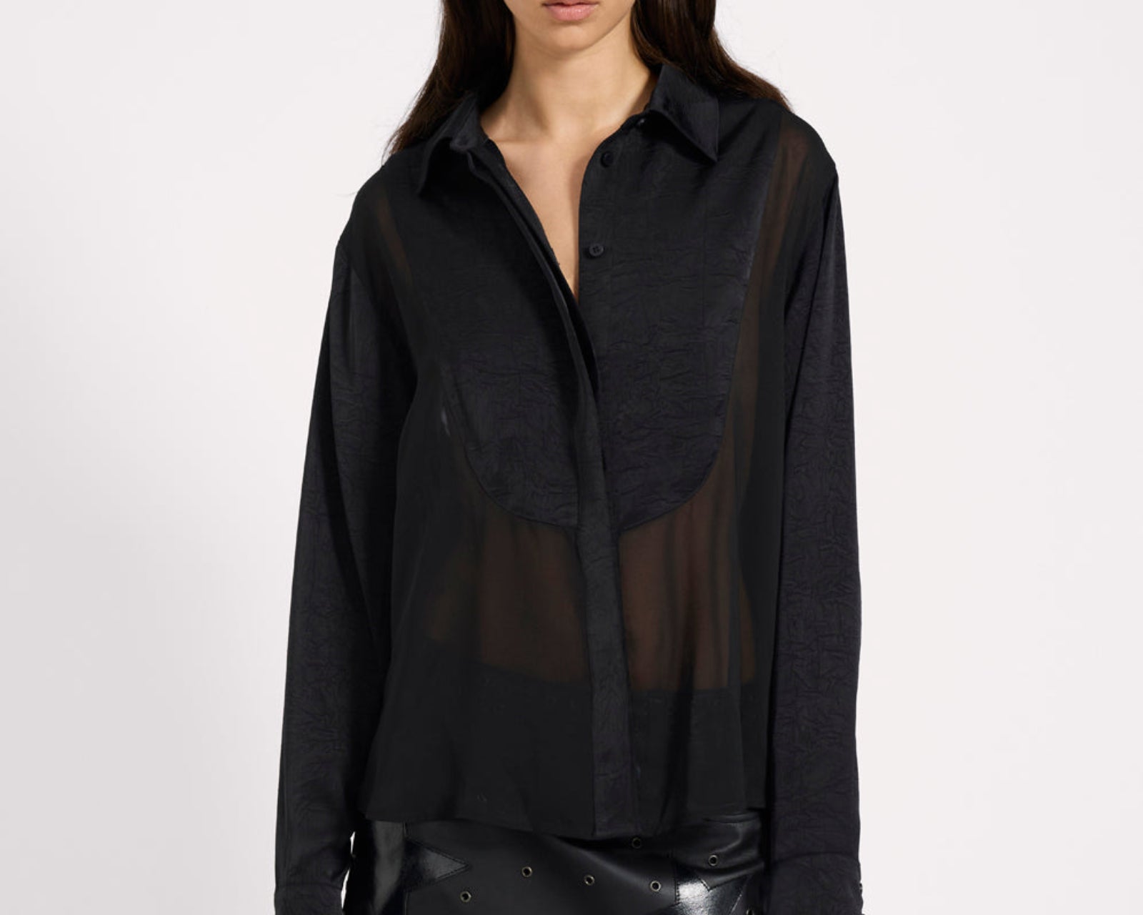 Sheer Panel Tuxedo Shirt - Black