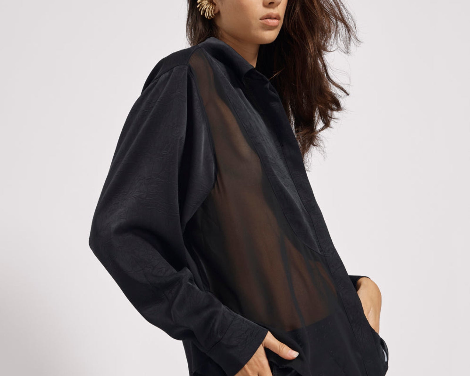 Sheer Panel Tuxedo Shirt - Black