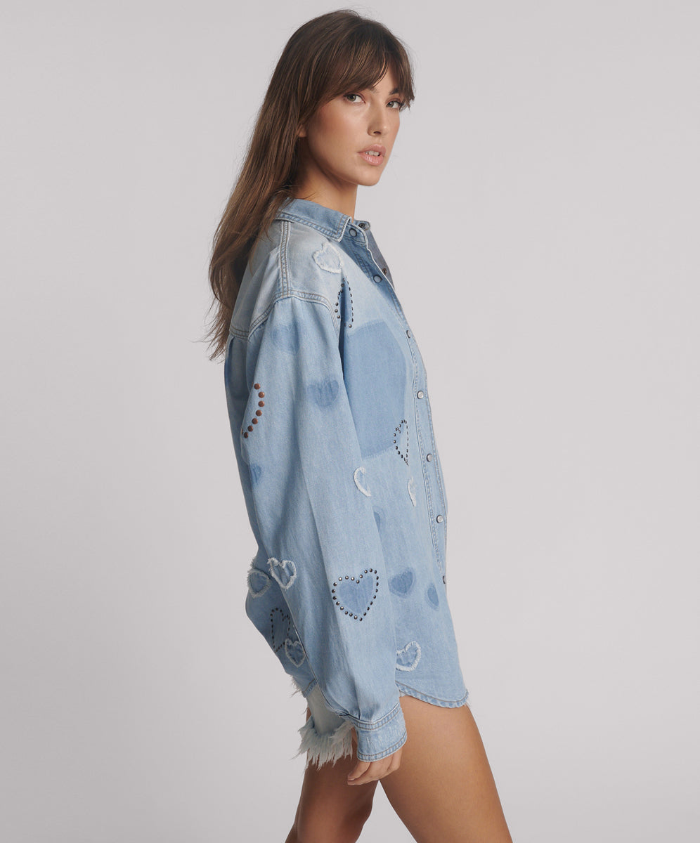 Everyday Studded Denim Shirt - Blue Heart | One Teaspoon USA