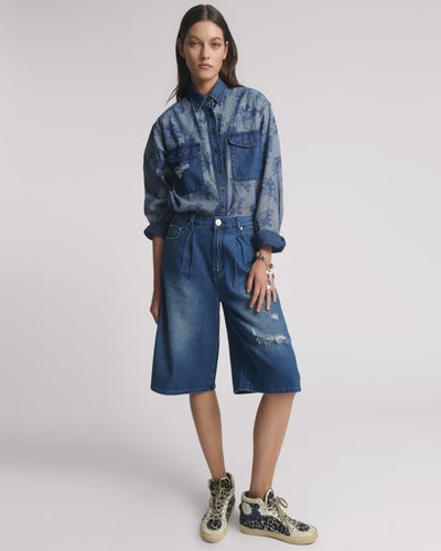 Beastie Low Waist Wide Leg Super Long Length Denim Jorts - Rosewood