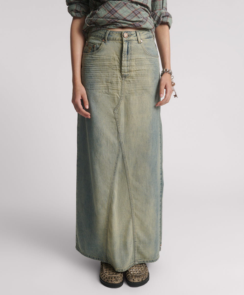 Rodeo Blue Denim Shorts Column Mid Waist Maxi Denim Skirt - Blue Sand