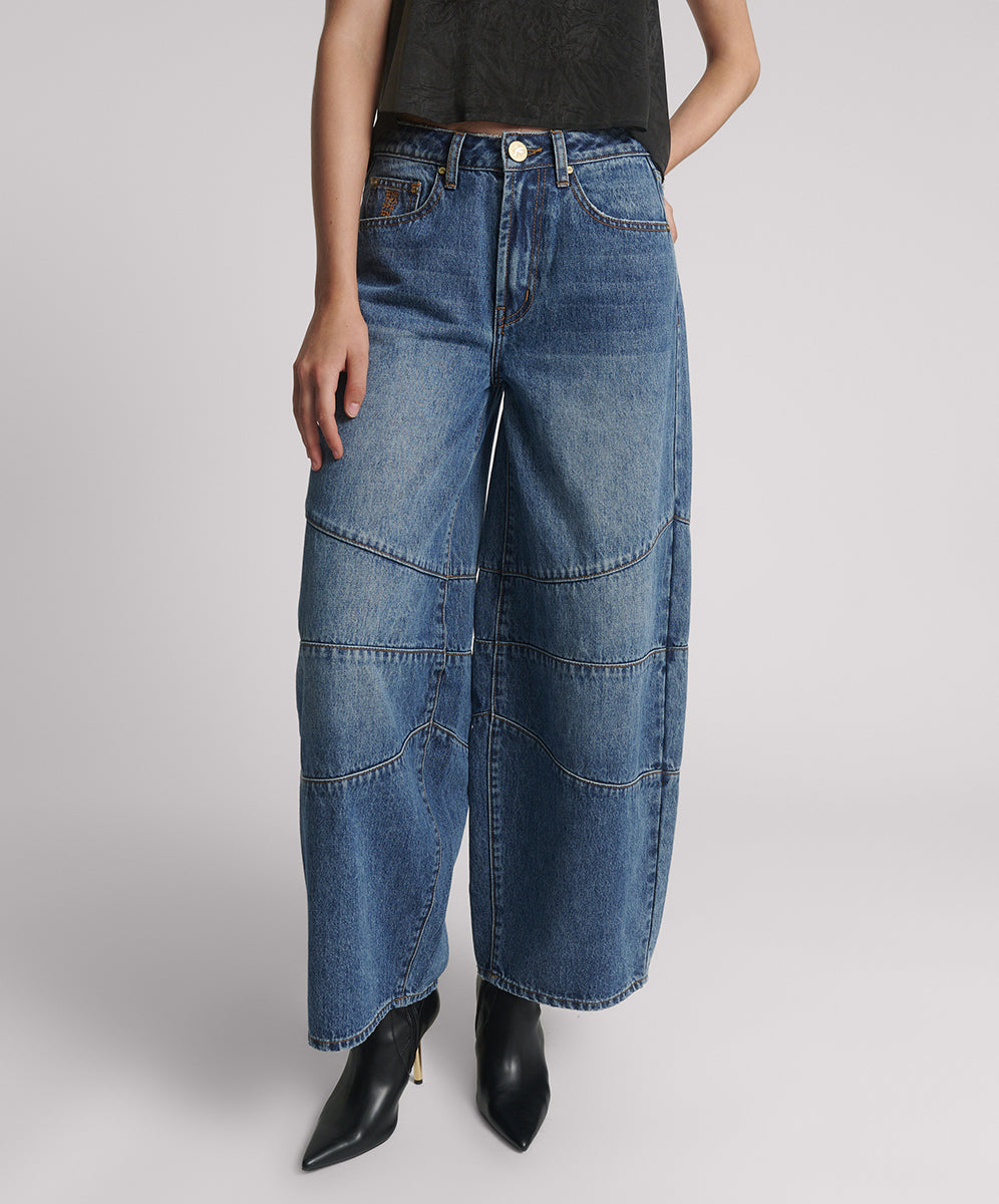 Women's Barrel Jeans Barrel Mid Waist Wide Leg Denim Jeans - Dirty Blue Love