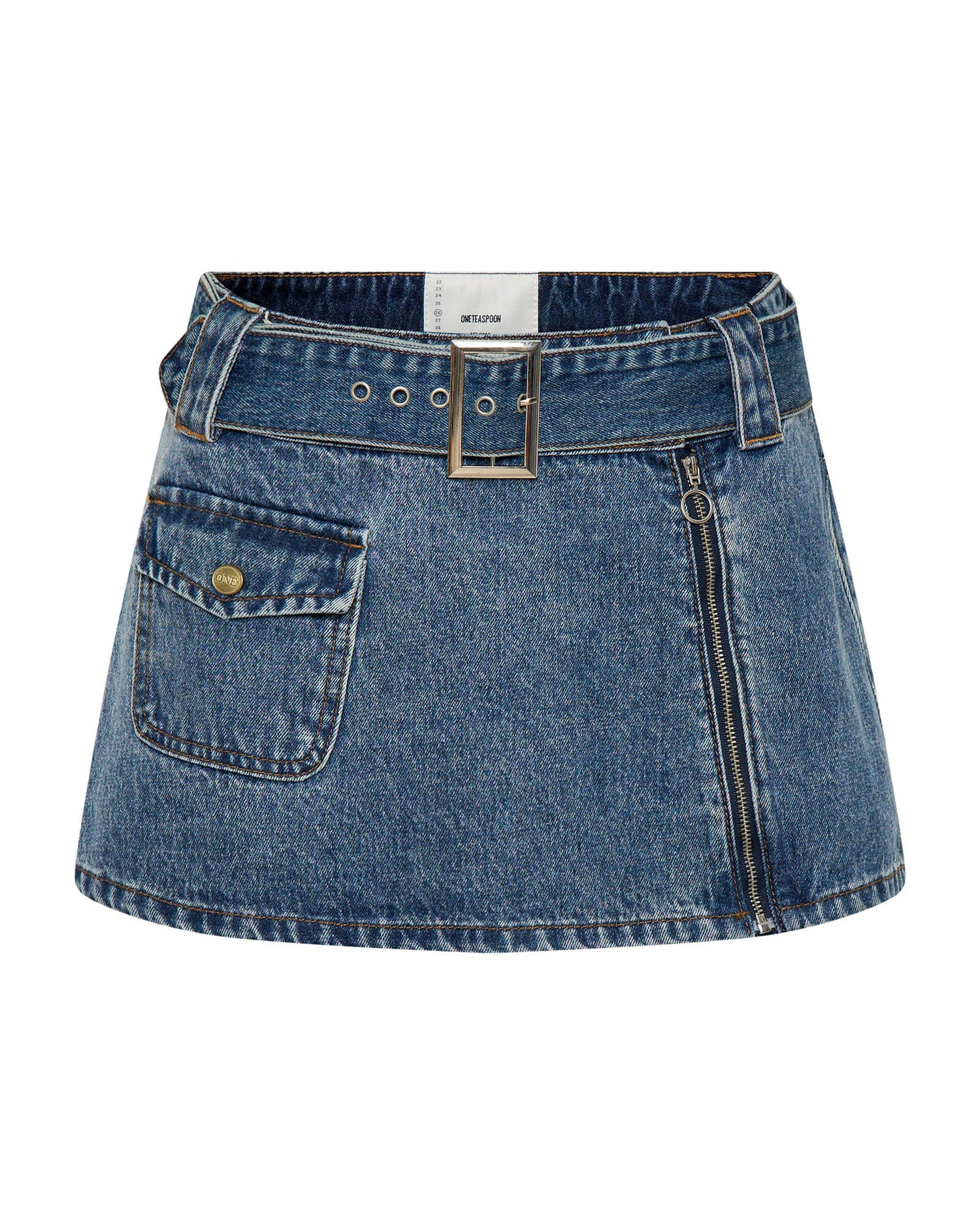 Outlet Sale Women's Denim Skirts Moto Belted Zipper Mini Denim Skirt - Dirty Blue Love