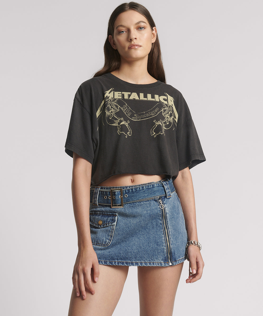 Moto Belted Zipper Mini Denim Skirt - Dirty Blue Love | One