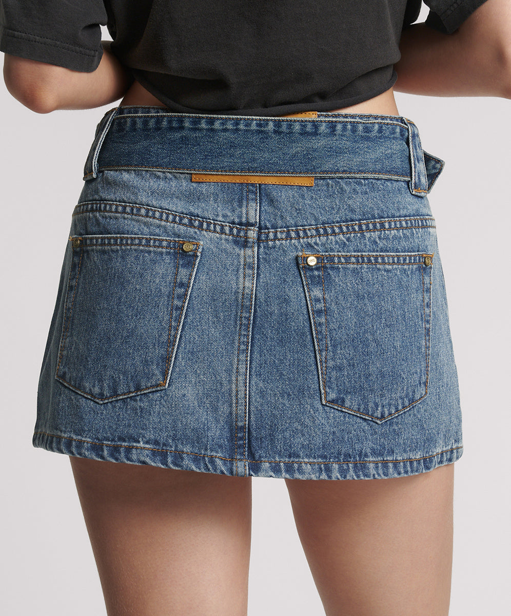 Moto Belted Zipper Mini Denim Skirt - Dirty Blue Love | One