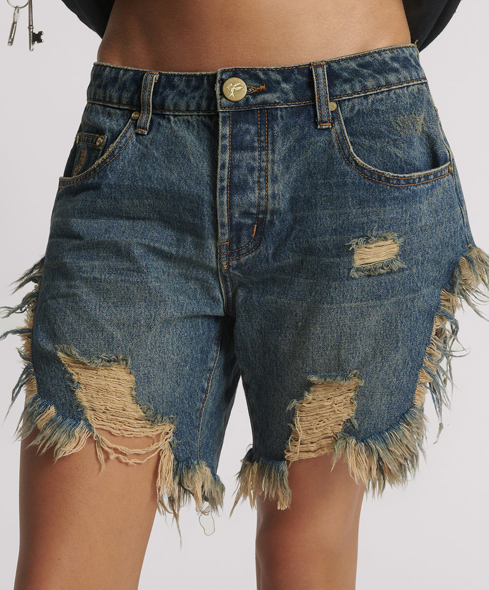 Outlet Sale Women's Denim Frankies Low Waist Long Length Denim Shorts - Dirty Blue Love