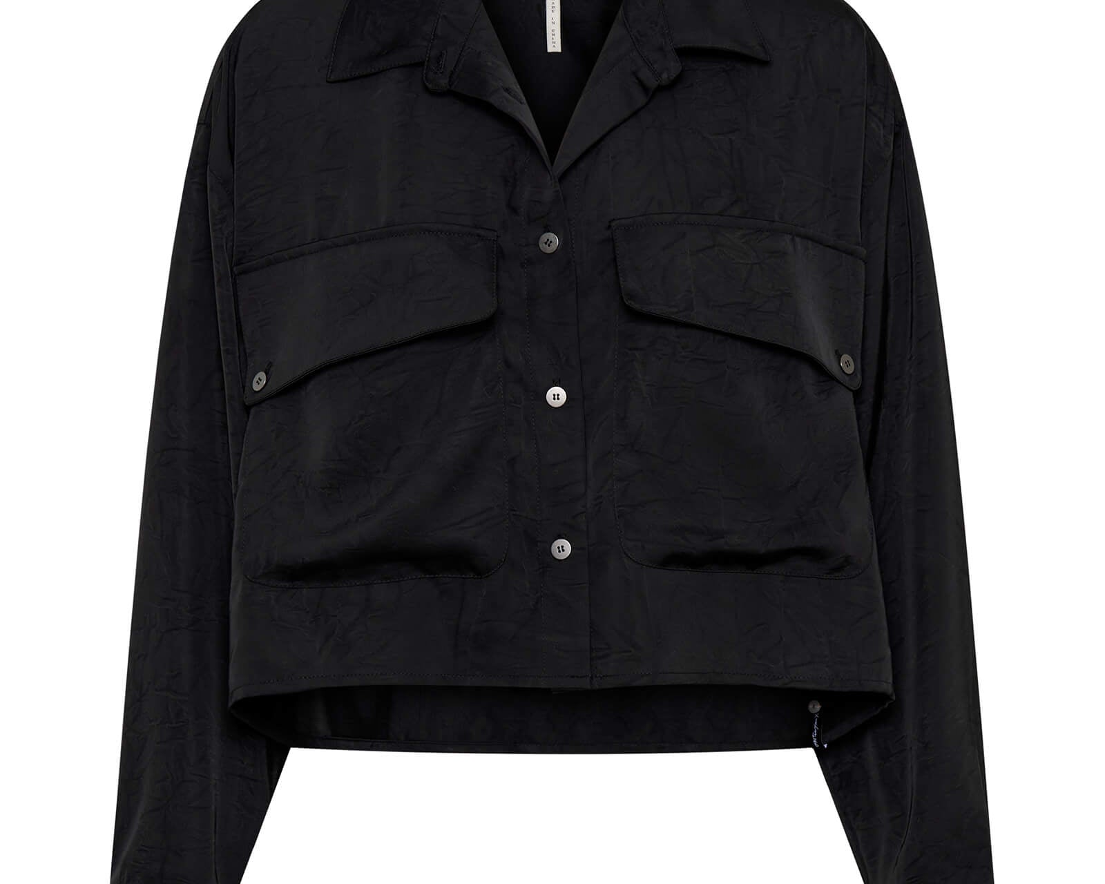 Crushed Satin Oversized Pocket Cropped Shirt - Black
