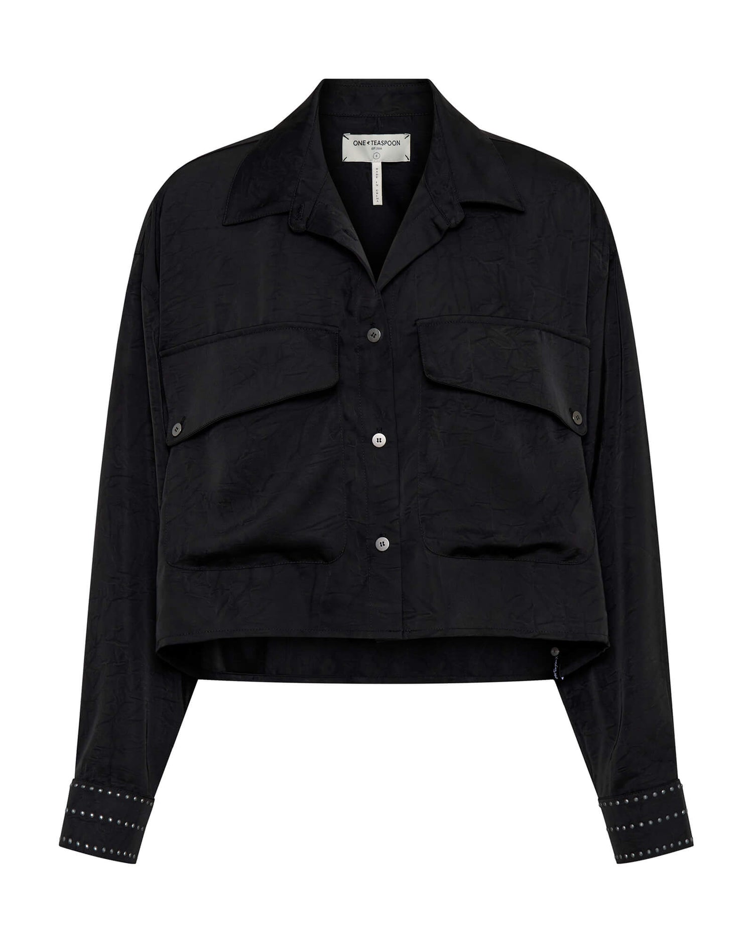 Women's Shirts Crushed Satin Oversized Pocket Cropped Shirt - Black