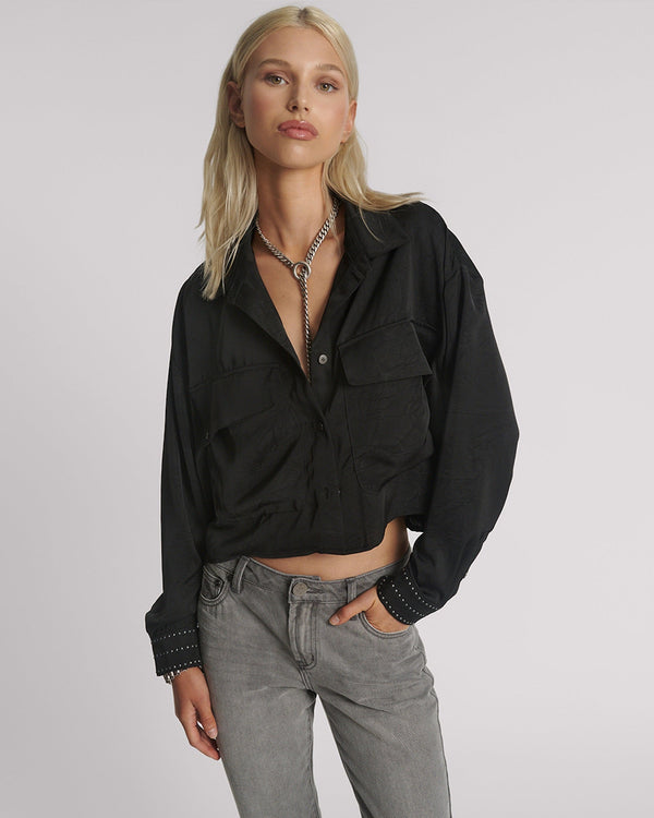 Crushed Satin Oversized Pocket Cropped Shirt - Black