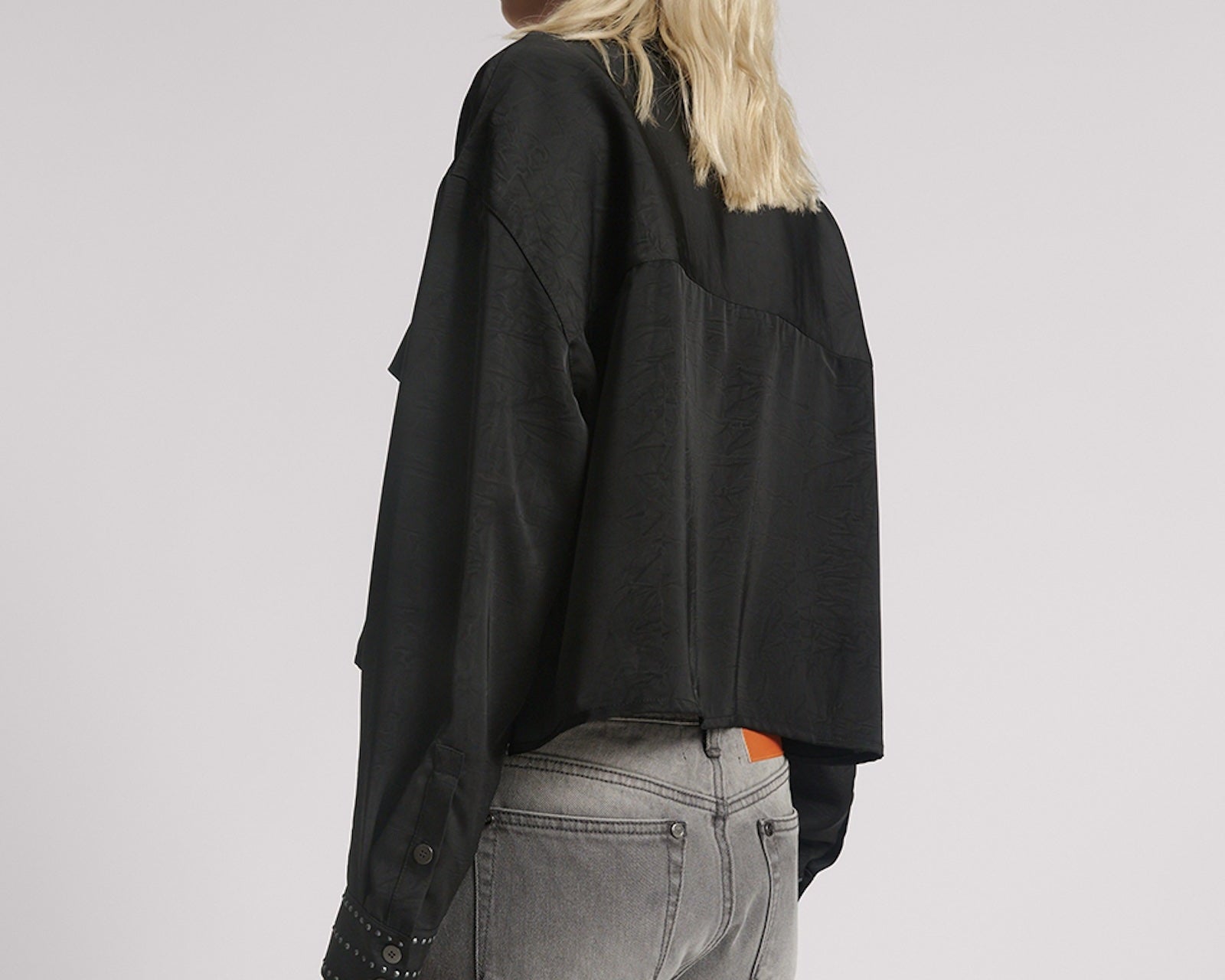 Crushed Satin Oversized Pocket Cropped Shirt - Black