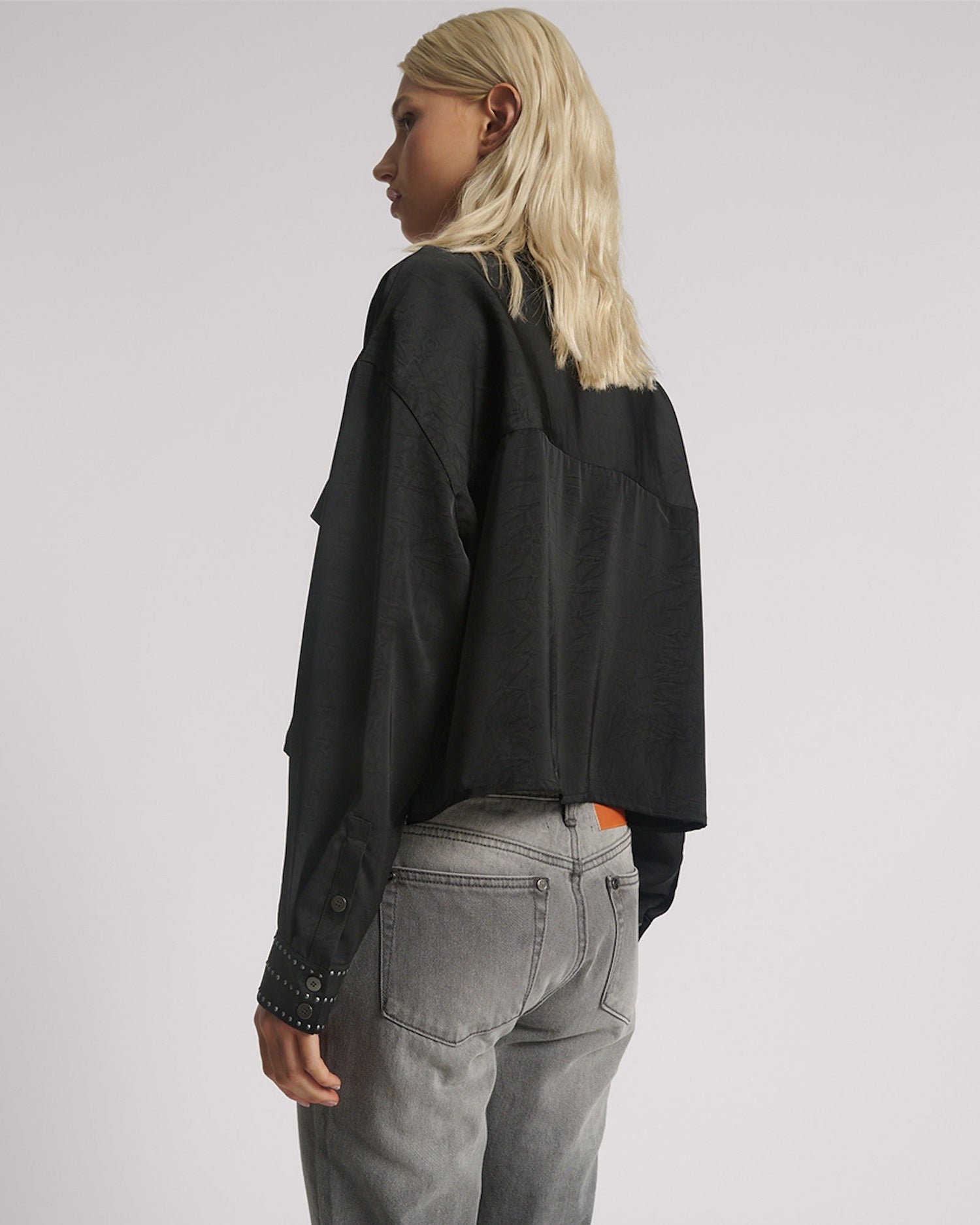 Women's Shirts Crushed Satin Oversized Pocket Cropped Shirt - Black