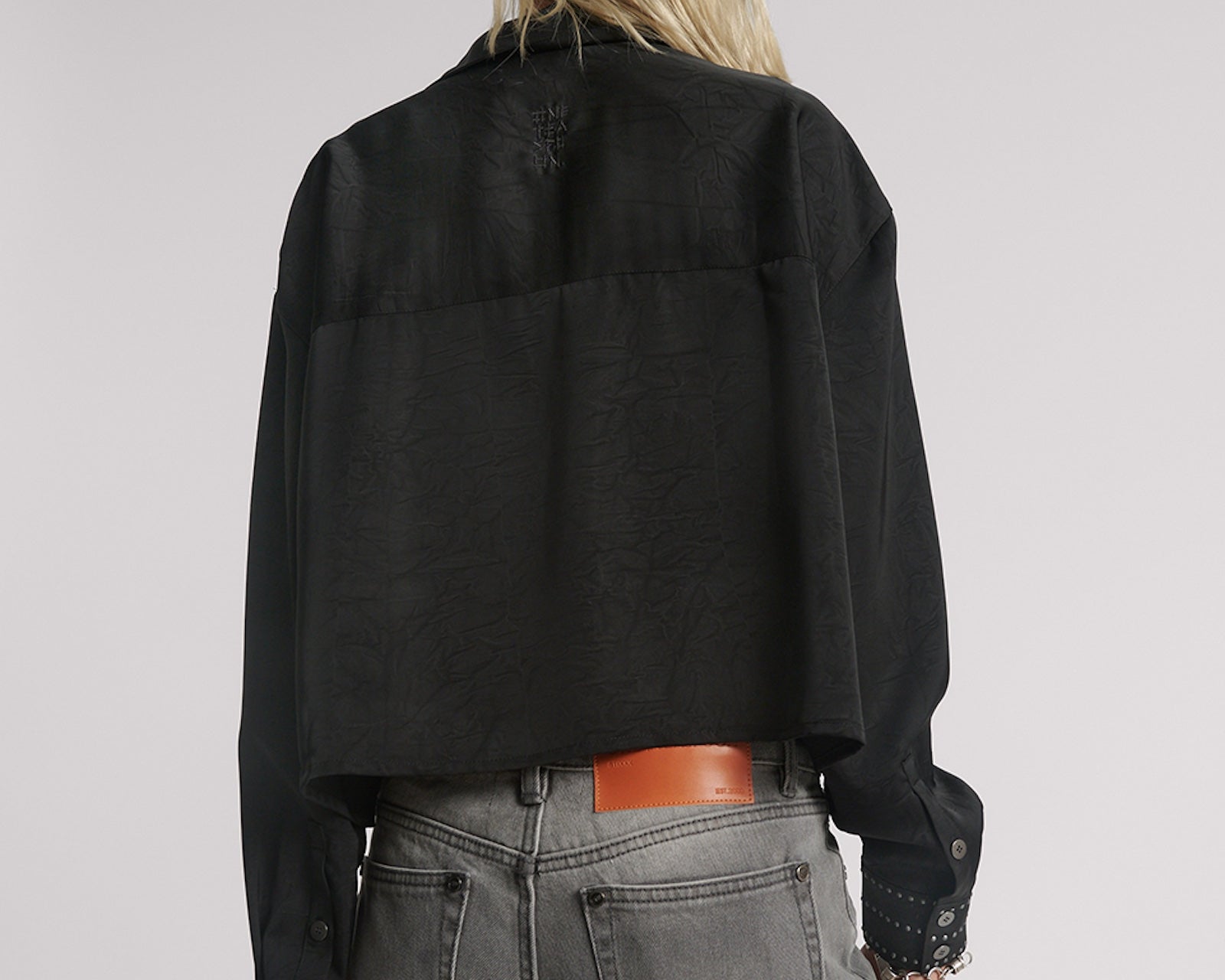 Crushed Satin Oversized Pocket Cropped Shirt - Black