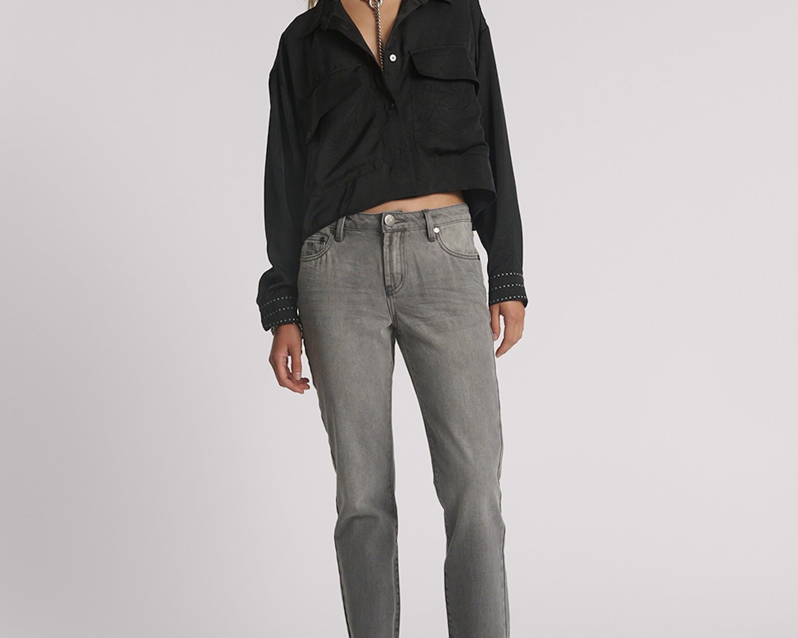 Crushed Satin Oversized Pocket Cropped Shirt - Black