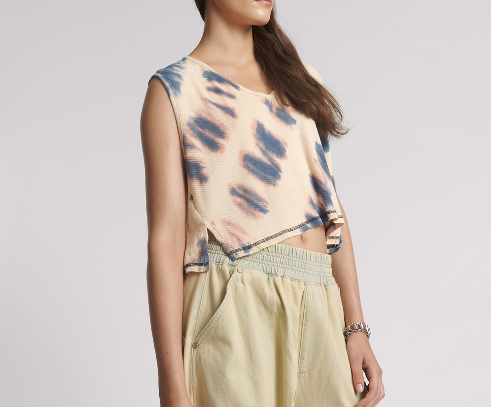 Gloria Tie Dye Cropped V Front Rib Tank - Cream
