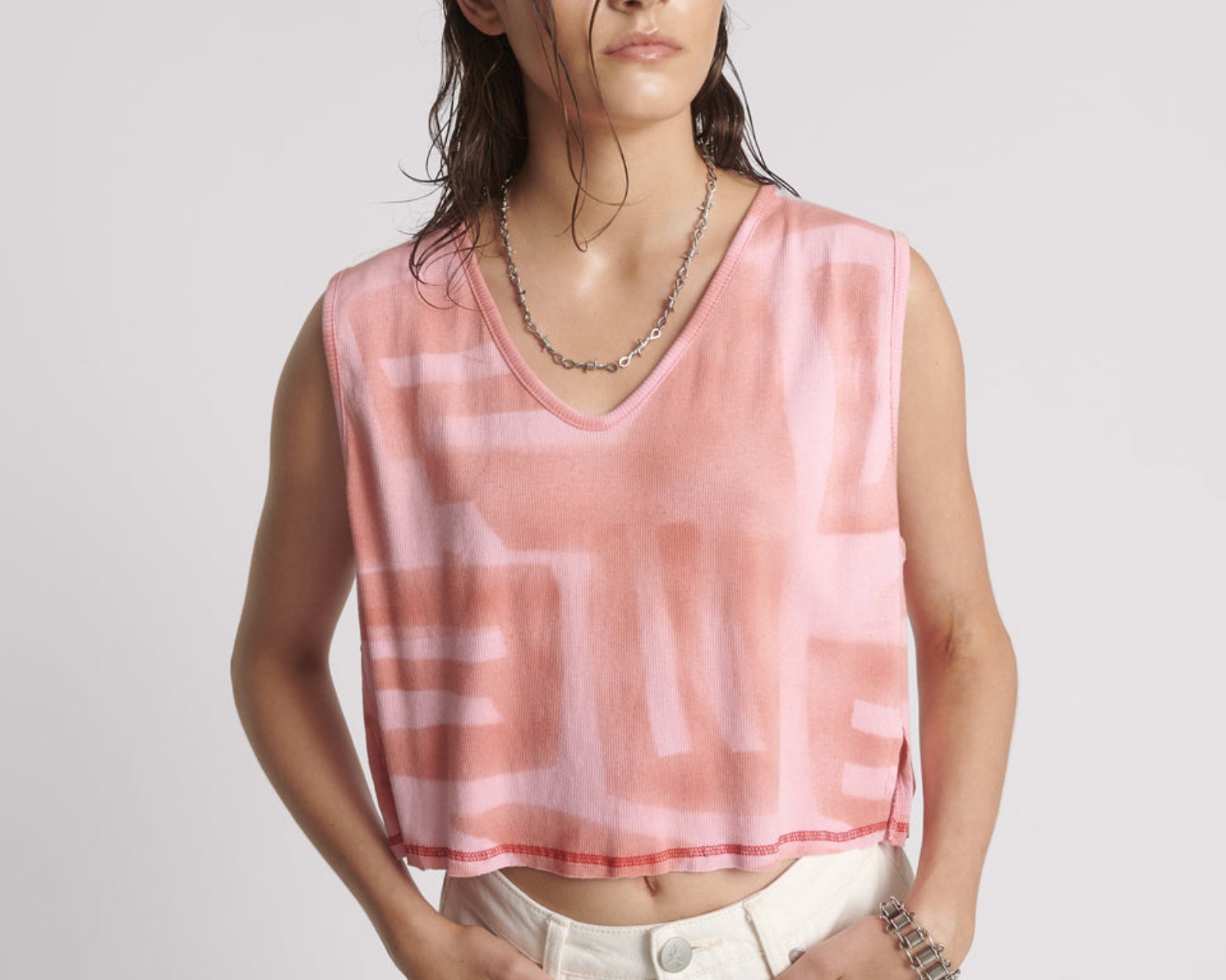 Gloria Moai V-Front Hand Painted Rib Tank Top - Pink