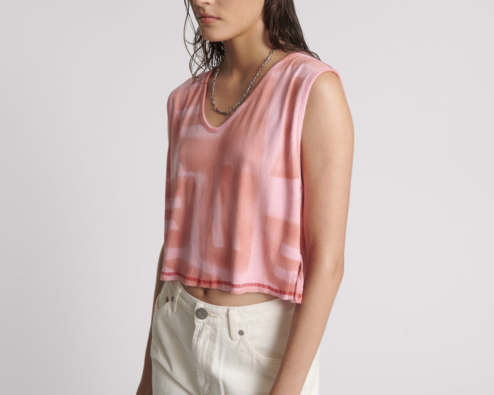 Gloria Moai V-Front Hand Painted Rib Tank Top - Pink