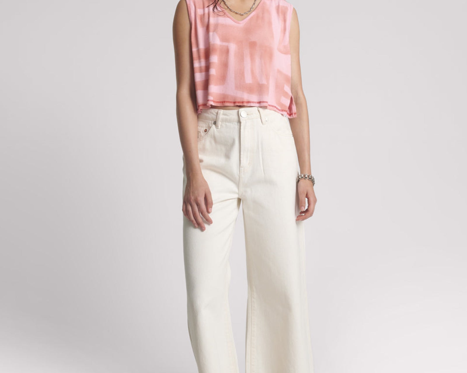 Gloria Moai V-Front Hand Painted Rib Tank Top - Pink