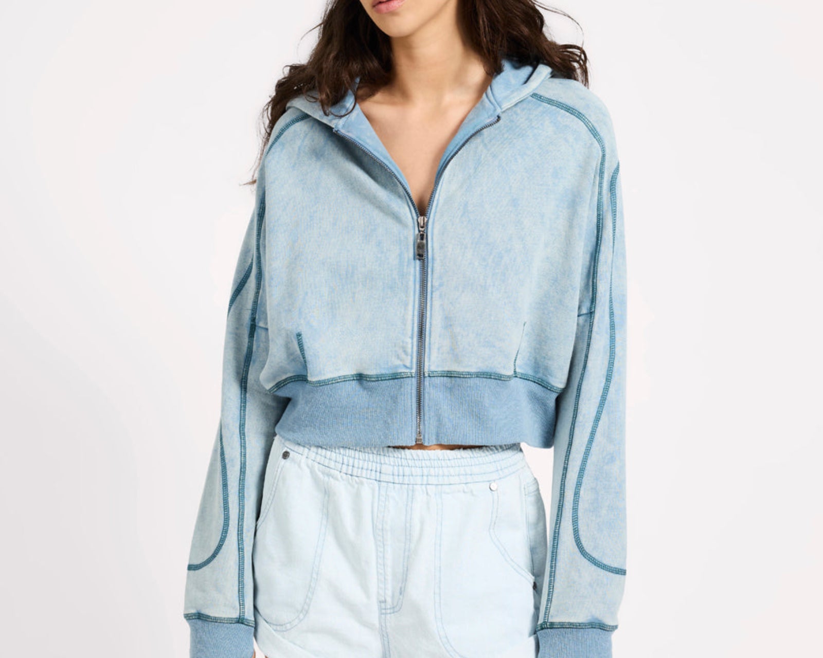 Cropped Fleece Zip Hoody - Washed Blue
