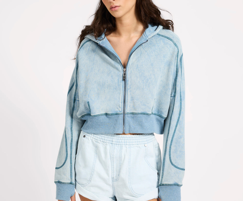 Cropped Fleece Zip Hoody - Washed Blue