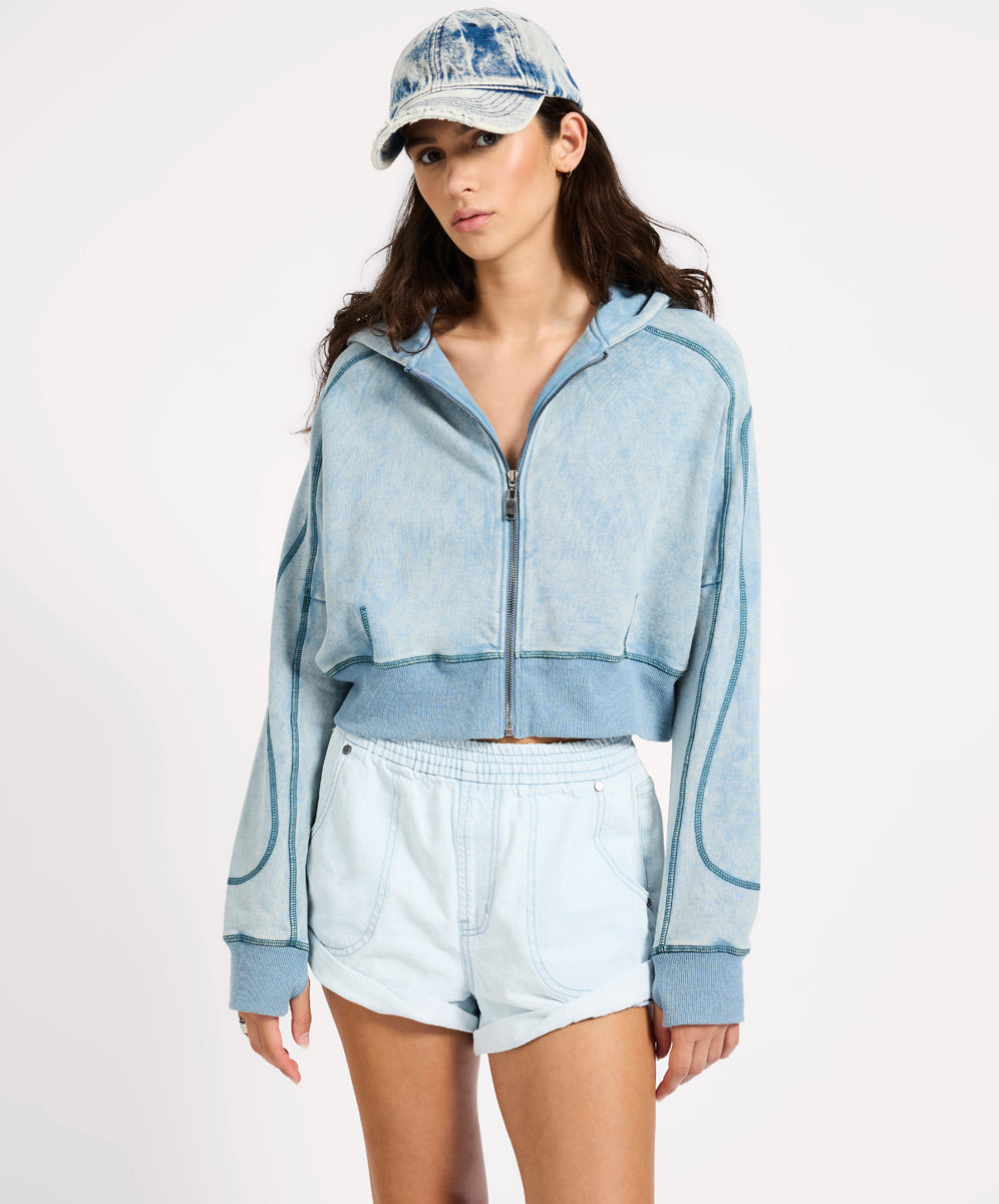  Cropped Fleece Zip Hoody - Washed Blue