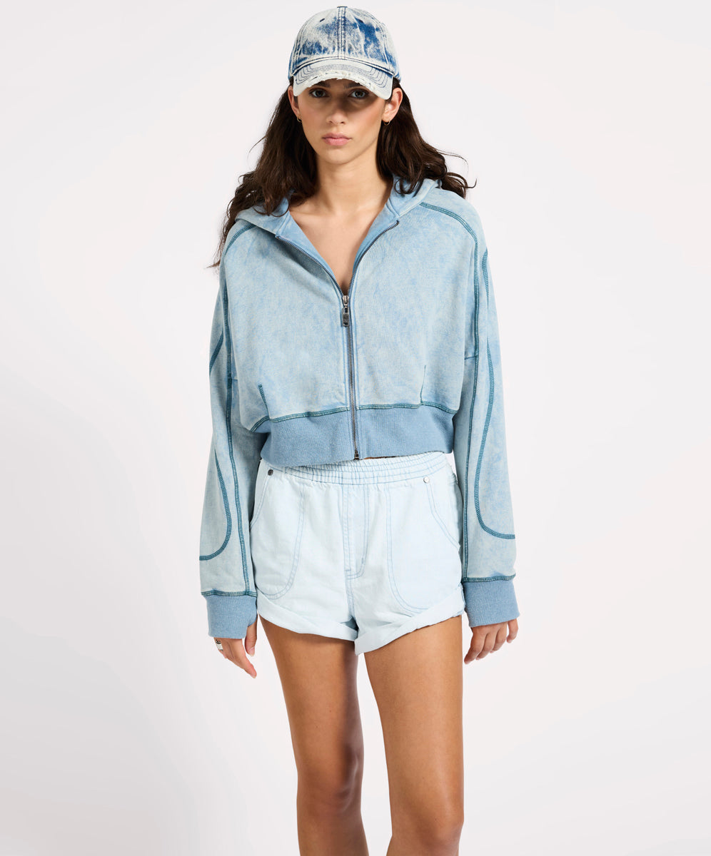トップス 1STCAMOHEAVY WASH CROPPED FIT ZIP HOODIE Cropped Fleece Zip Hoody - Washed Blue | One Teaspoon USA