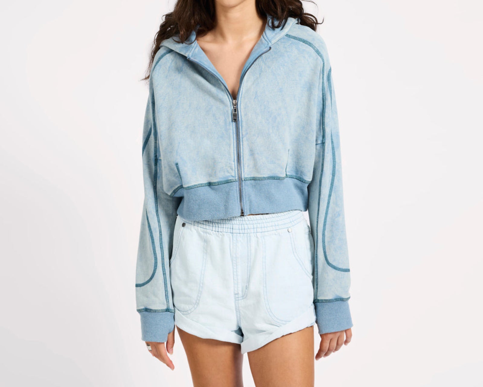 Cropped Fleece Zip Hoody - Washed Blue