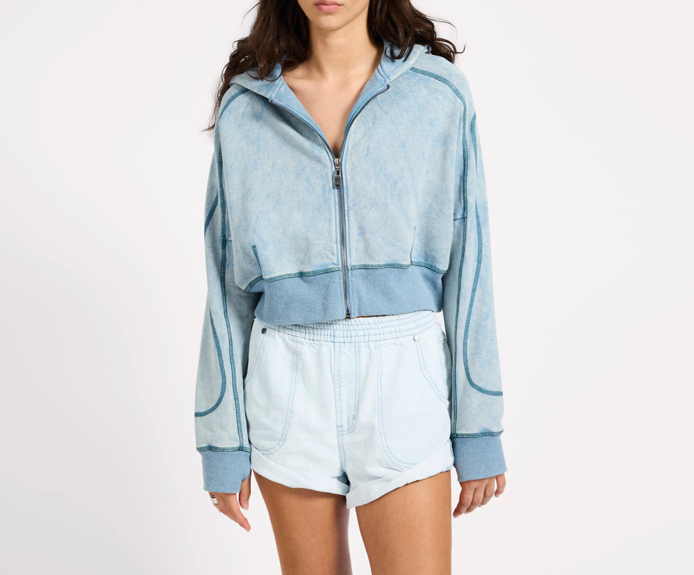 Cropped Fleece Zip Hoody - Washed Blue