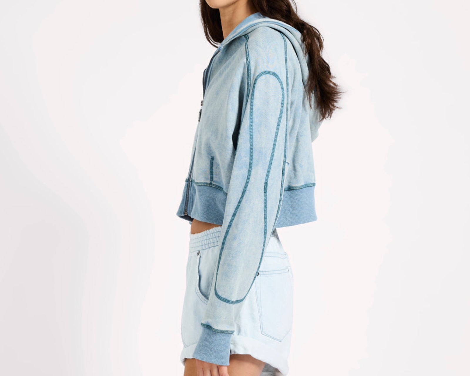 Cropped Fleece Zip Hoody - Washed Blue