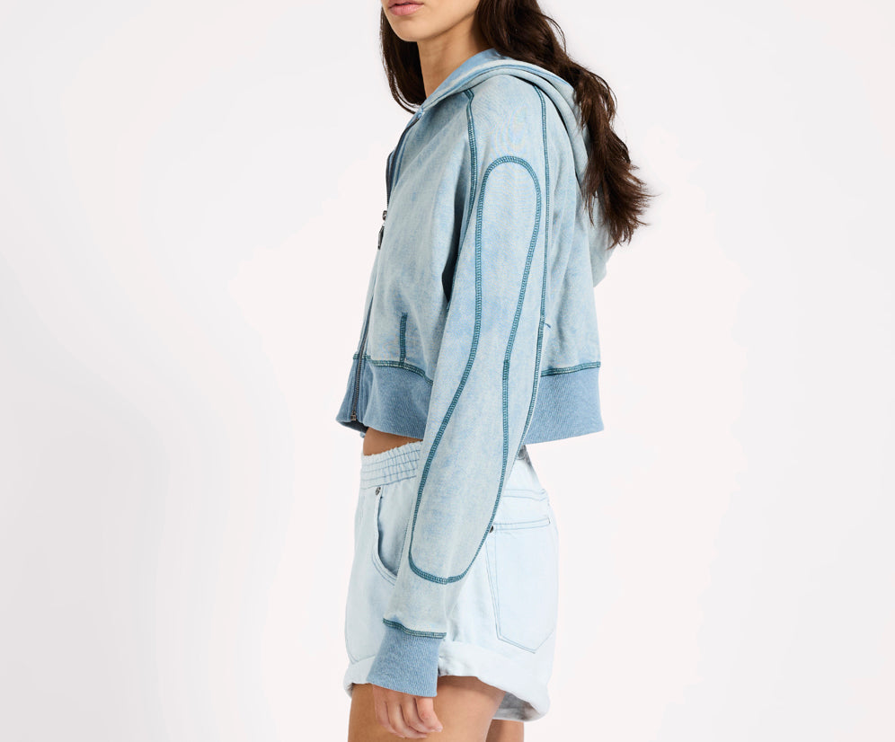 Cropped Fleece Zip Hoody - Washed Blue