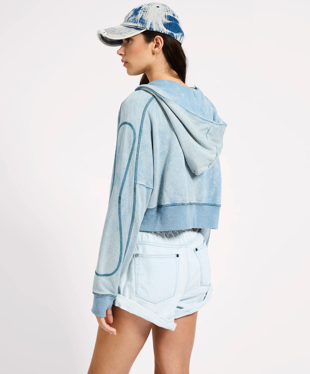 Cropped Fleece Zip Hoody - Washed Blue | One Teaspoon USA