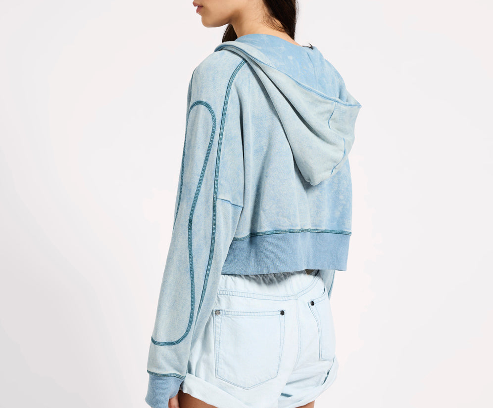 Cropped Fleece Zip Hoody - Washed Blue