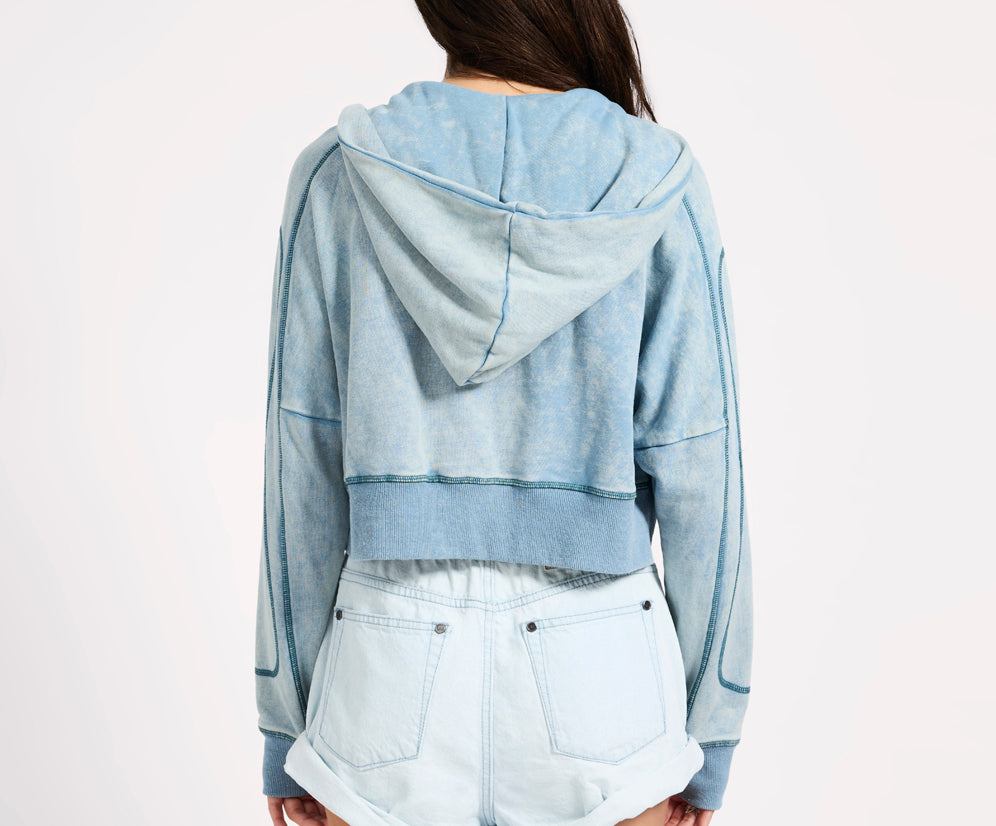 Cropped Fleece Zip Hoody - Washed Blue