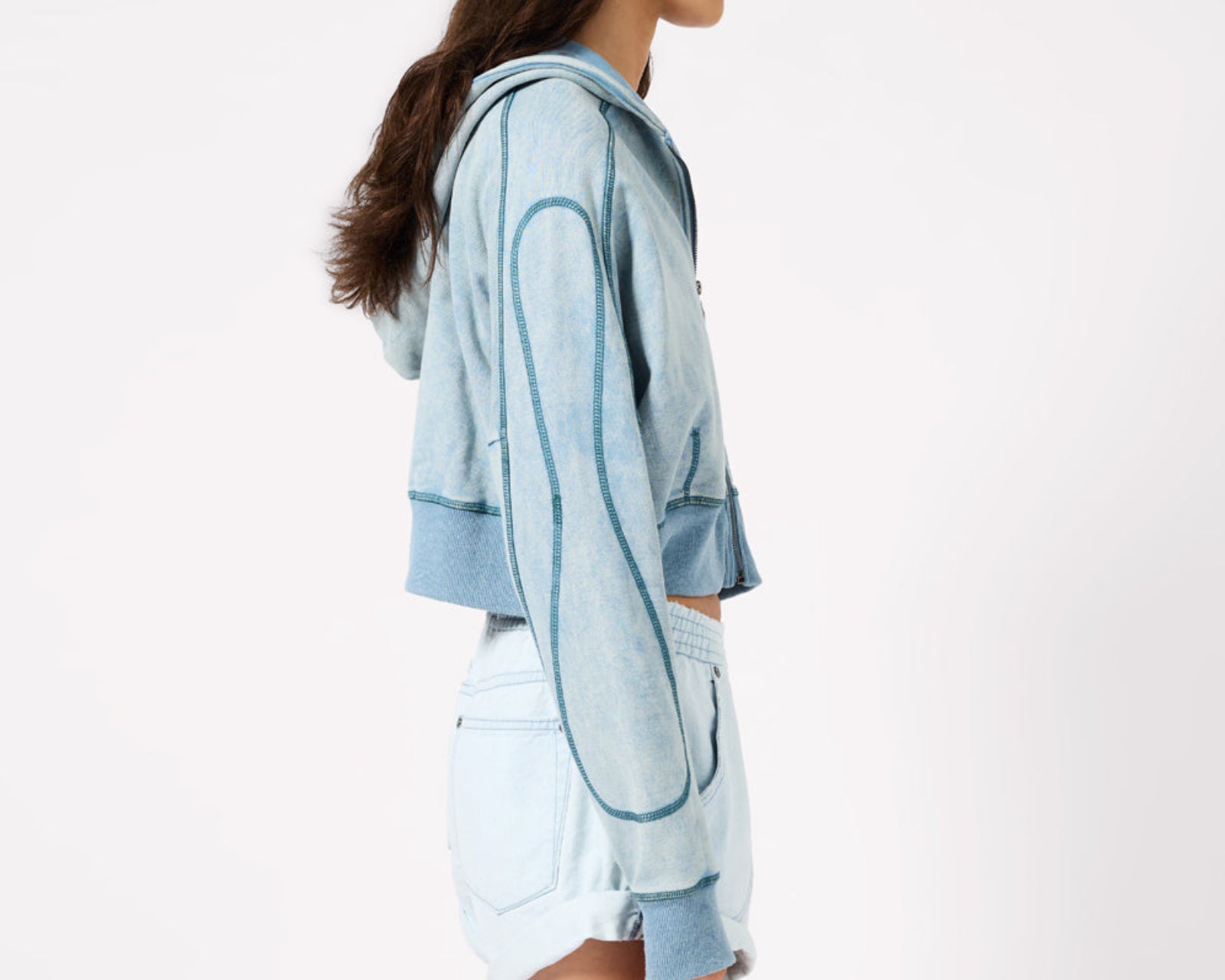 Cropped Fleece Zip Hoody - Washed Blue